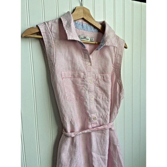 Vineyard Vines Margo Linen Pink Fine Stripe Sleeveless Shirt Dress Sz 14 Coastal - Picture 2 of 6